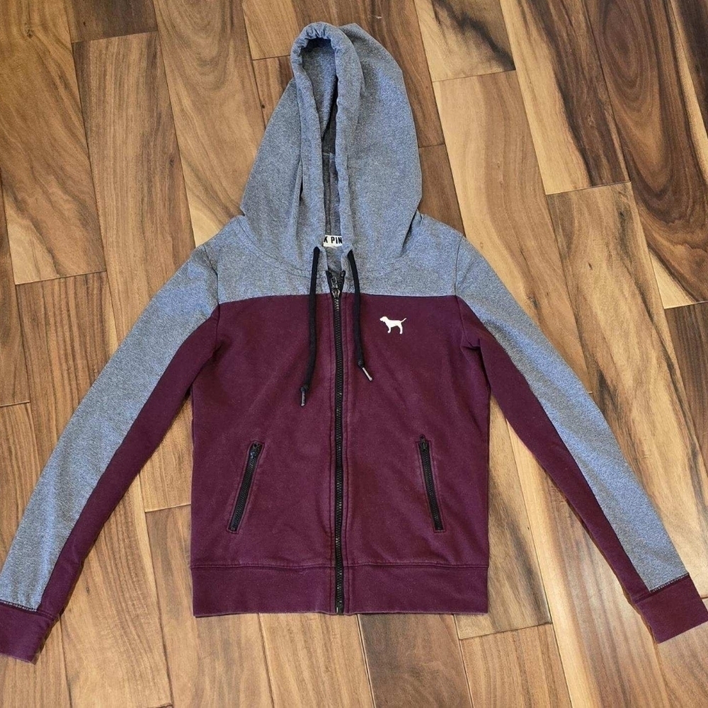 Victoria Secret Pink Full Zip Hooded Jacket Maroon Grey Size Small